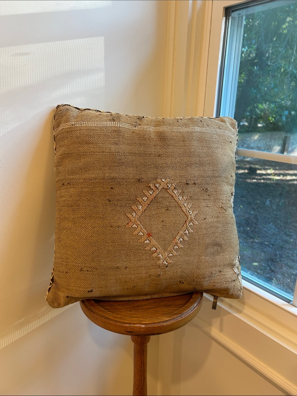 Handwoven Neutral Brown Embroidered Throw Pillow - Unbranded